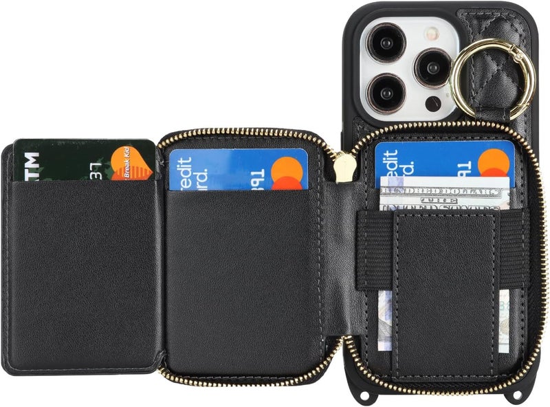 Hamany Crossbody Wallet Case for iPhone 14 Pro, PU Leather Zipper Handbag Purse Flip Cover, Kickstand Folio Case with Card Slots Holder Wrist Strap Lanyard 5G 6.1 Inch-Black - Image 5